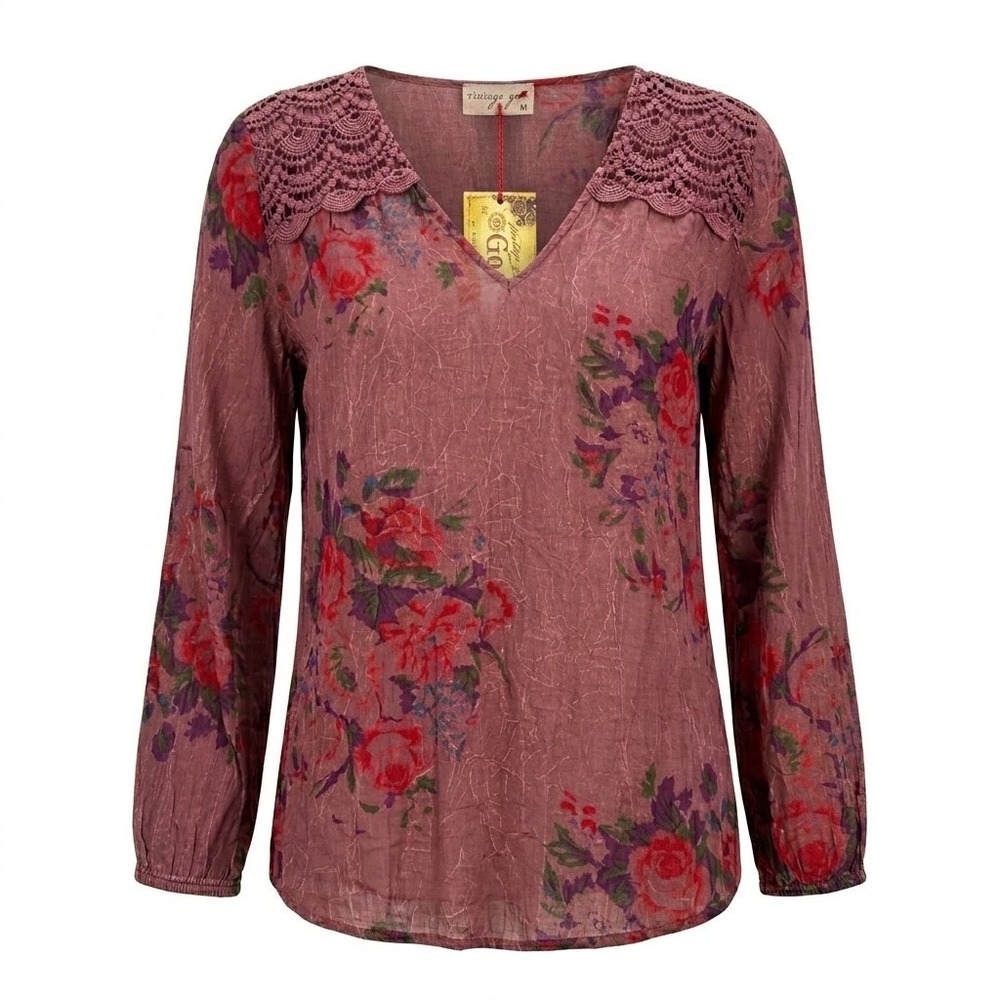 NEW Vintage Goa Womens Medium Floral Top Dark Wine Crochet Lace Inset - CJ